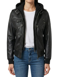 Petite-Women-Black-Bomber-Real-Leather-Jacket-with-Removable-Hood