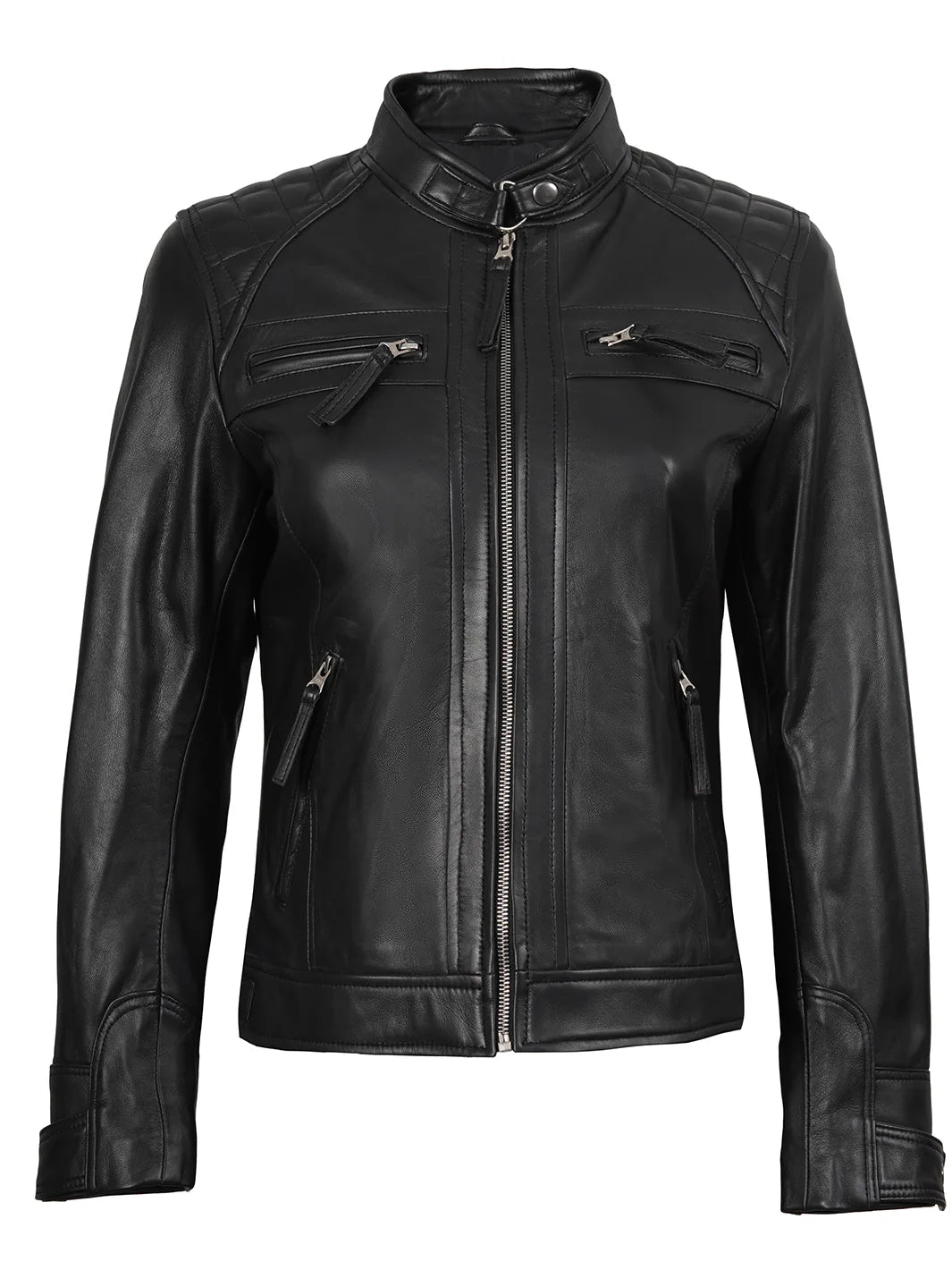Petite Black Biker Leather Jacket – Women’s Cafe Racer
