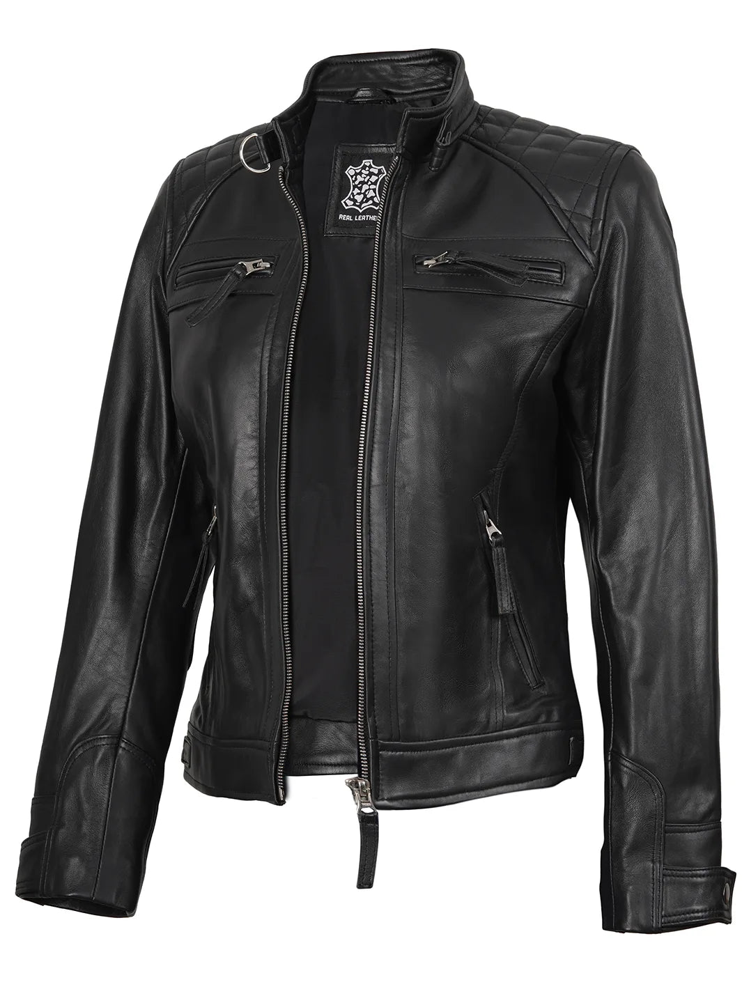 Petite Women’s Black Cafe Racer Leather Jacket