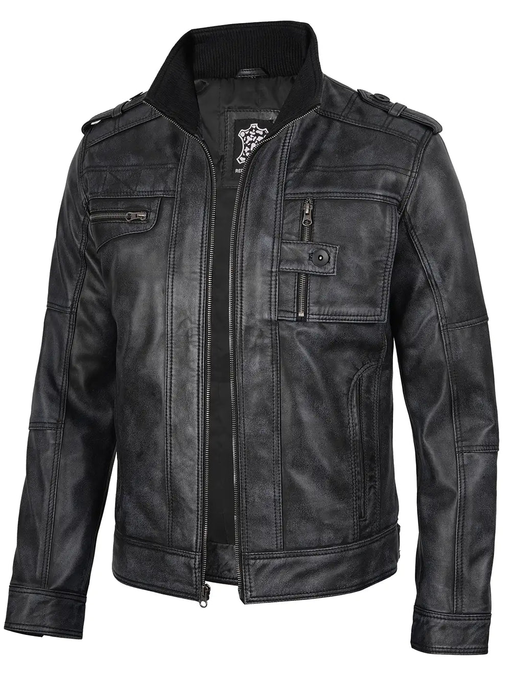 Tavares Mens Distressed Black Leather Biker Jacket
