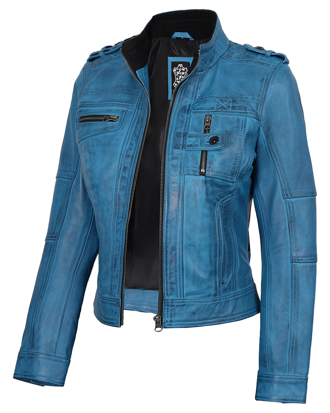 Tavares Womens Blue Biker Style Leather Jacket