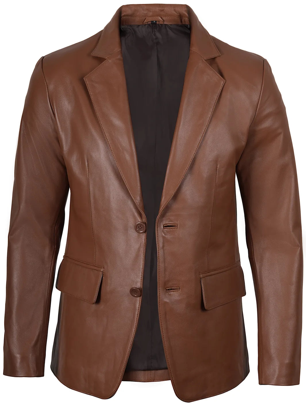 Two Button Cognac Brown Real Leather Blazer Mens