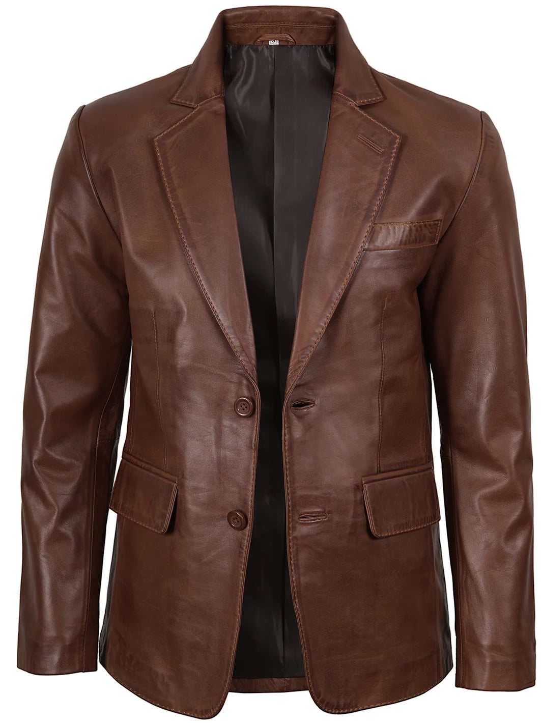 Two Button Cognac Wax Leather Blazer For Mens 