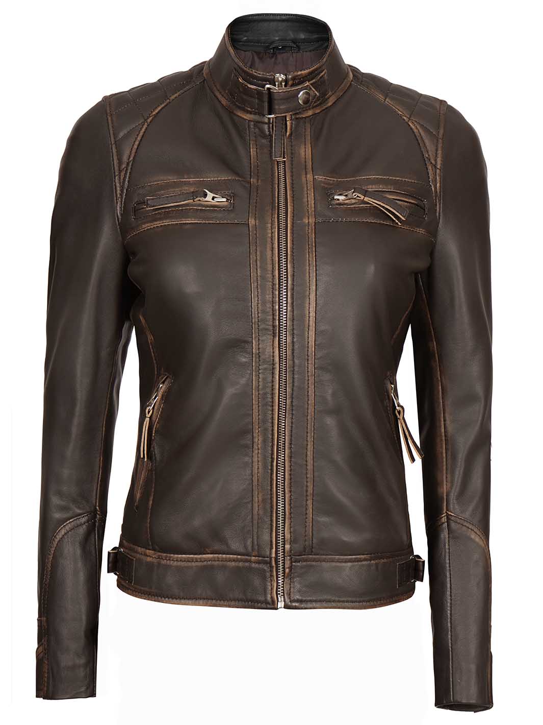 Diamond Women Rub Off Brown Leather Jacket