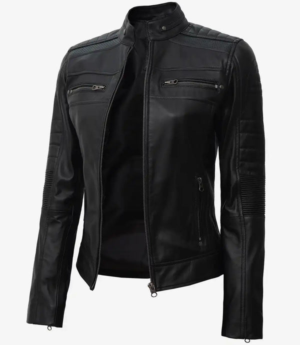 Women's Black Cafe Racer Leather Jacket
