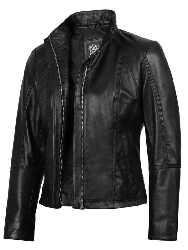 Women's Black Leather Cafe Racer Biker Jacket
