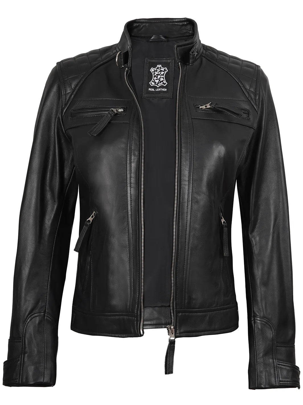 Women’s Petite Size Real Leather Cafe Racer Jacket in Black