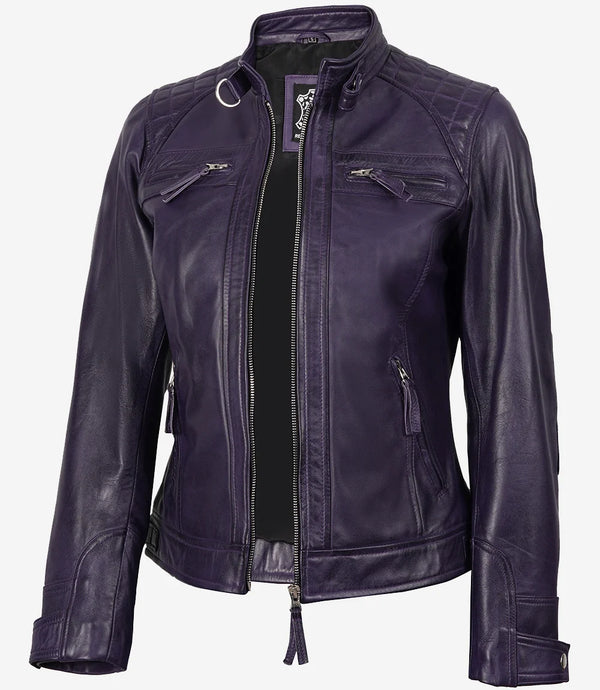 Women's Purple Quilted Cafe Racer Leather Jacket
