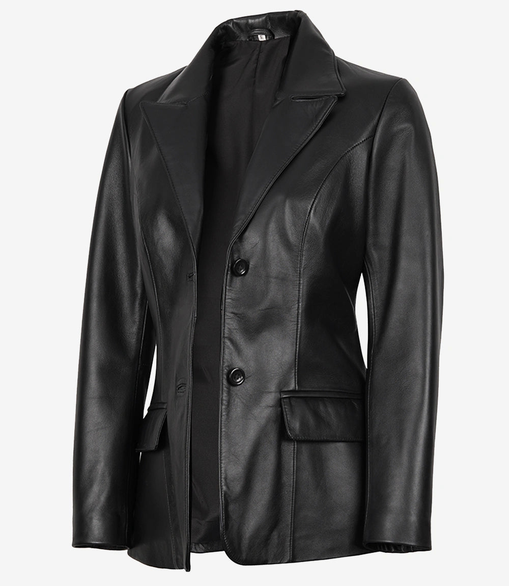 Women's Two Button Black Leather Blazer Jacket
