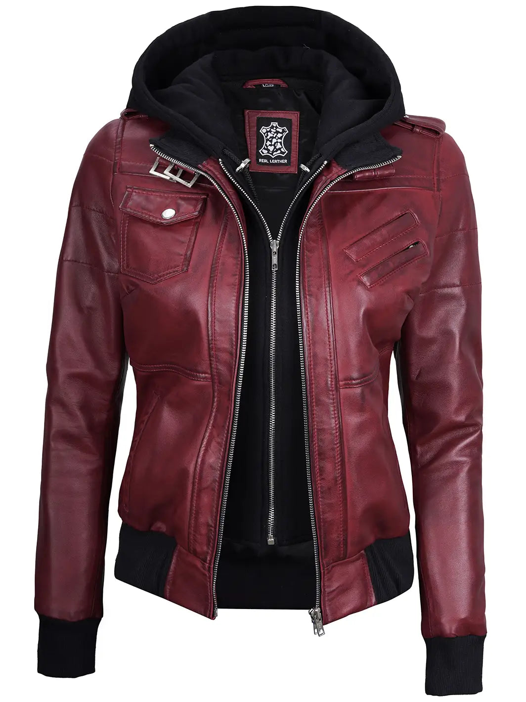 Women leather jacket with hood