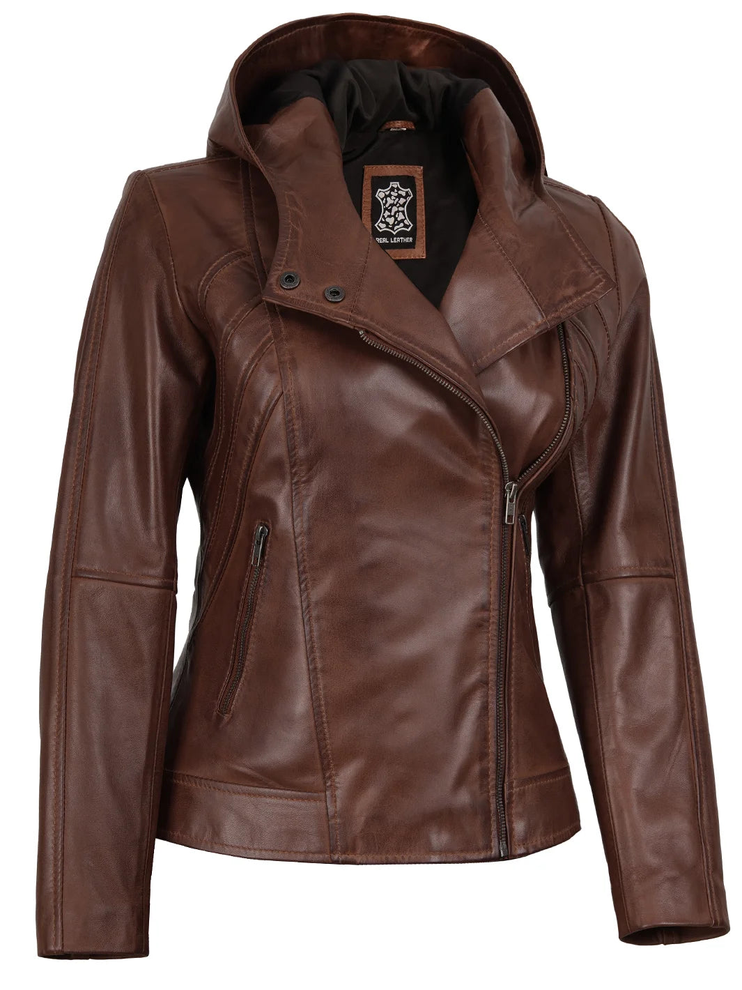 Womens Asymmetrical Brown Hooded Lambskin Leather Jacket