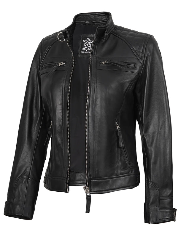 Womens Black Biker Leather Jacket
