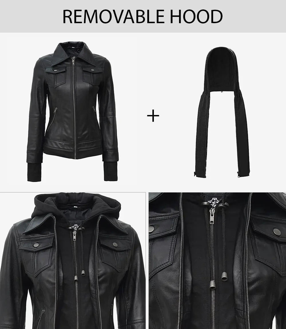 Womens Black Real Leather Bomber Jacket with Removable Hood