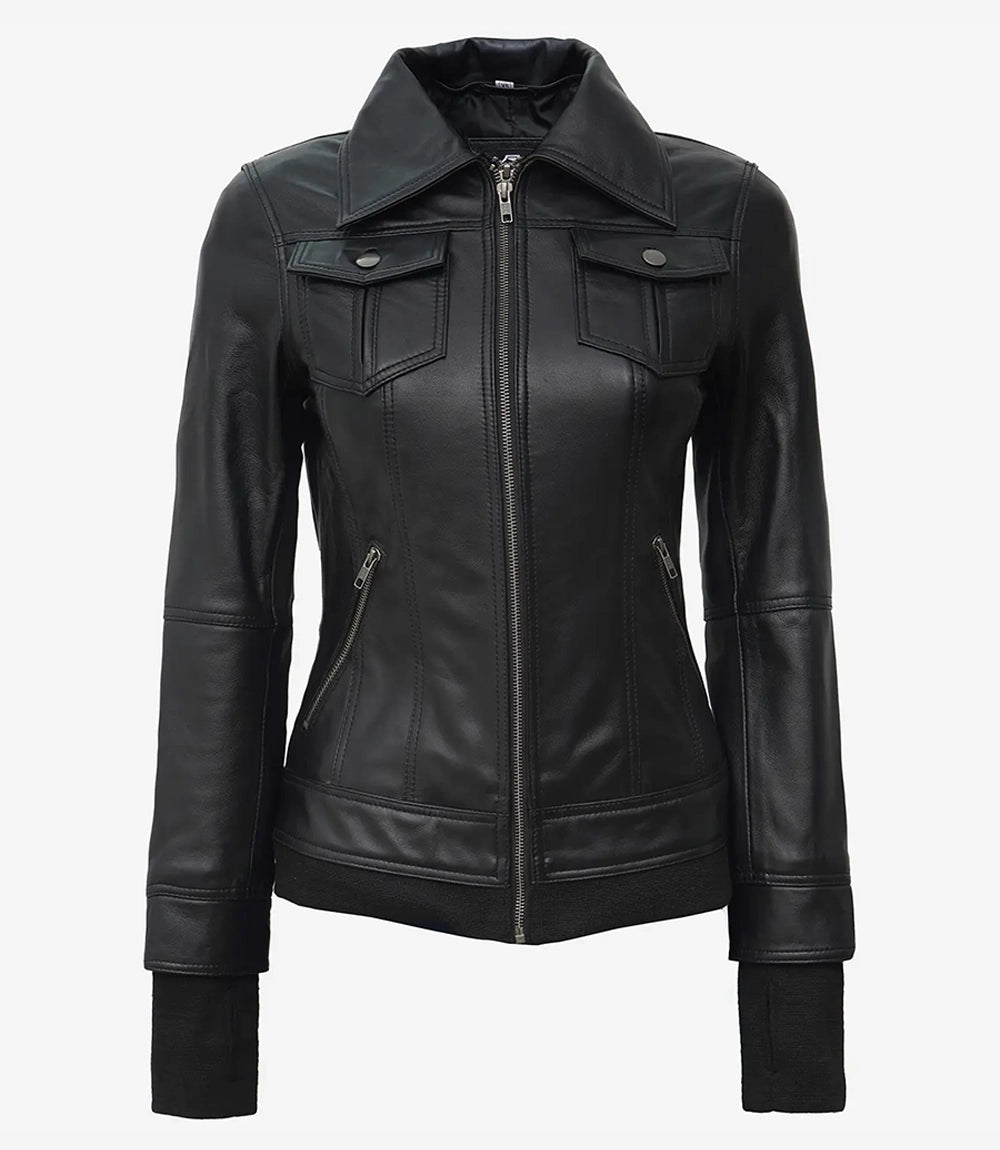 Womens Black Real Leather Bomber Jackets with Removable Hood