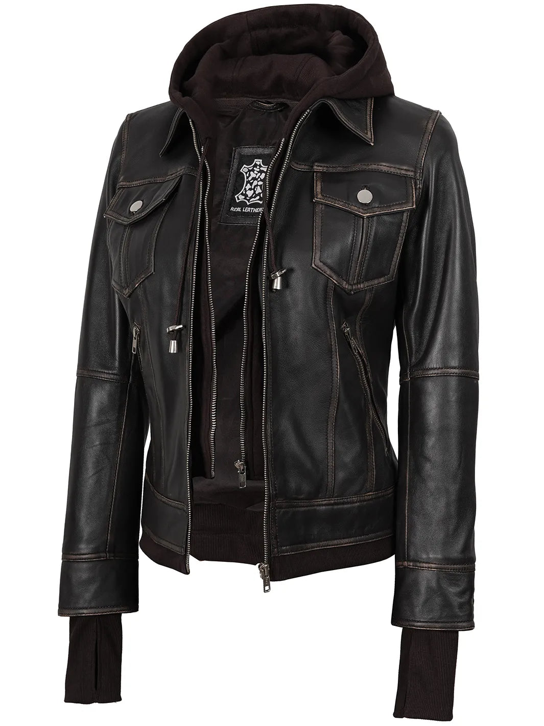 Womens Dark Brown Bomber Leather Jacket With Removable Hood