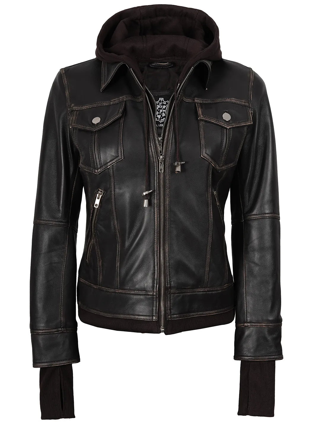 Womens Hooded Leather Jacket Bomber Dark Brown