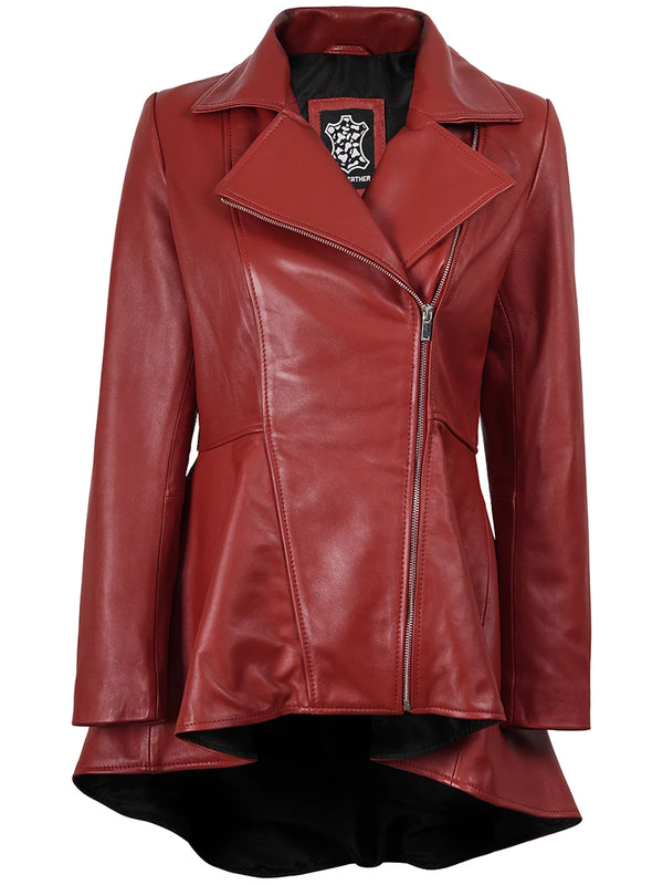 Womens Red Asymmetrical Peplum Leather Jackets