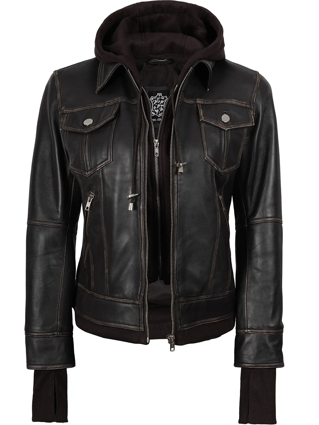 Womens Removable Hood Brown Leather Jacket