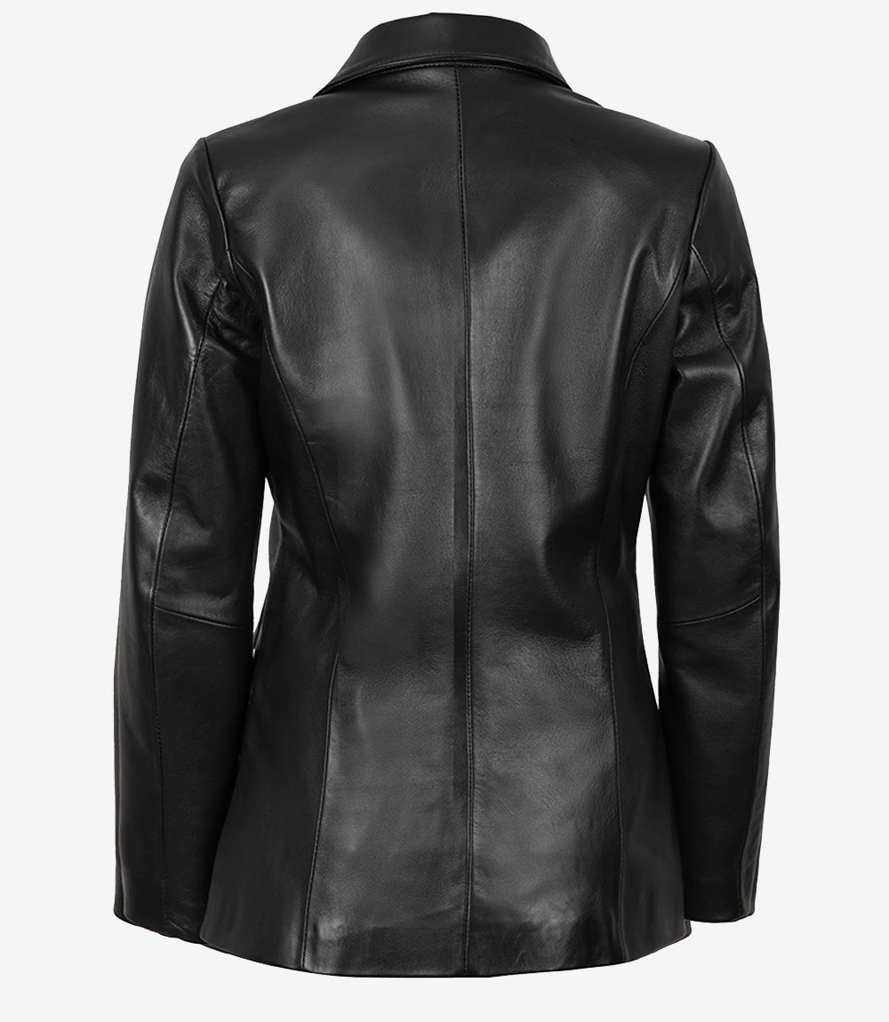 Womens Two Button Black Leather Blazer Jacket