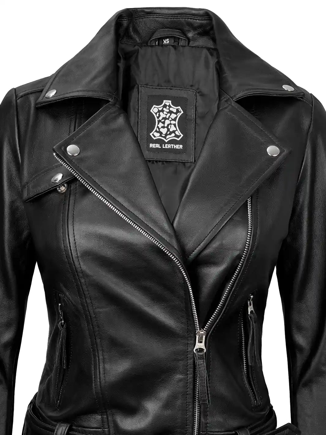 Angela Womens Black Belted Asymmetrical Leather Jacket - Decrum