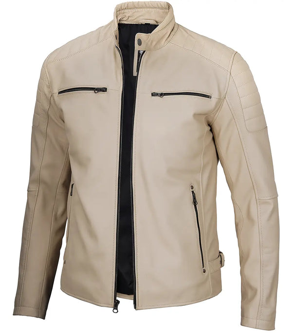 beige cafe racer leather jacket