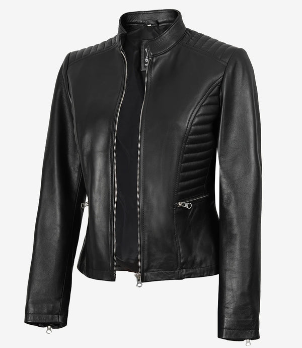 Women's Tall Black Cafe Racer Leather Jacket