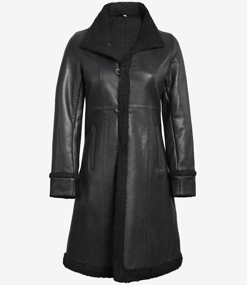 black shearling leather coat for women