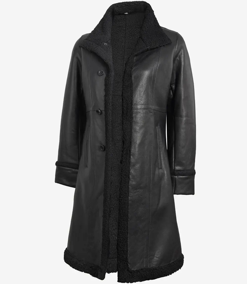 black shearling women leather coat