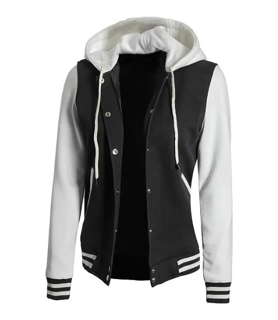 black white hooded varsity jacket