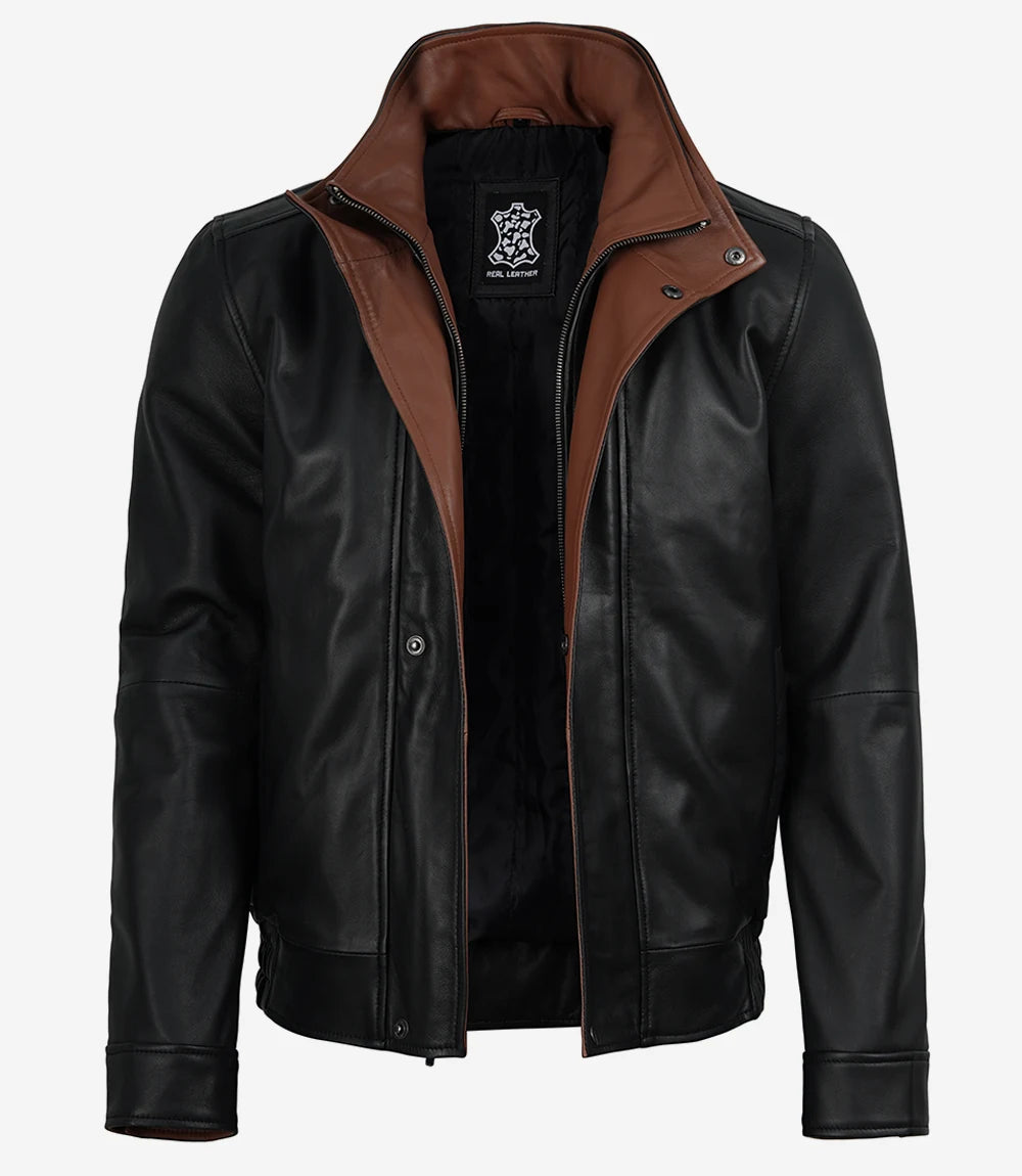 Men's Black Leather Bomber Jacket - Front