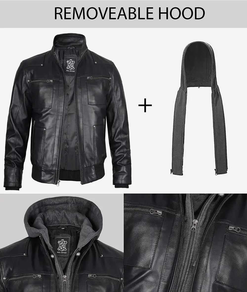 hooded black leather jacket