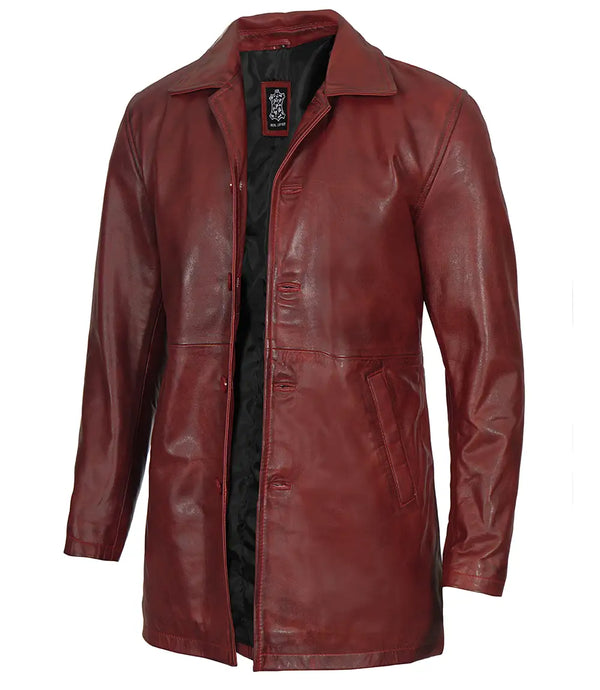 maroon leather car coat for men