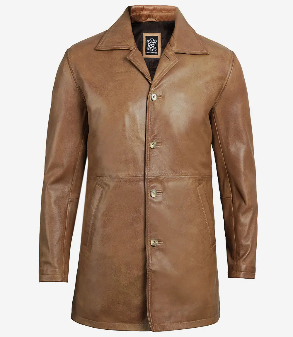 men brown distressed leather coat