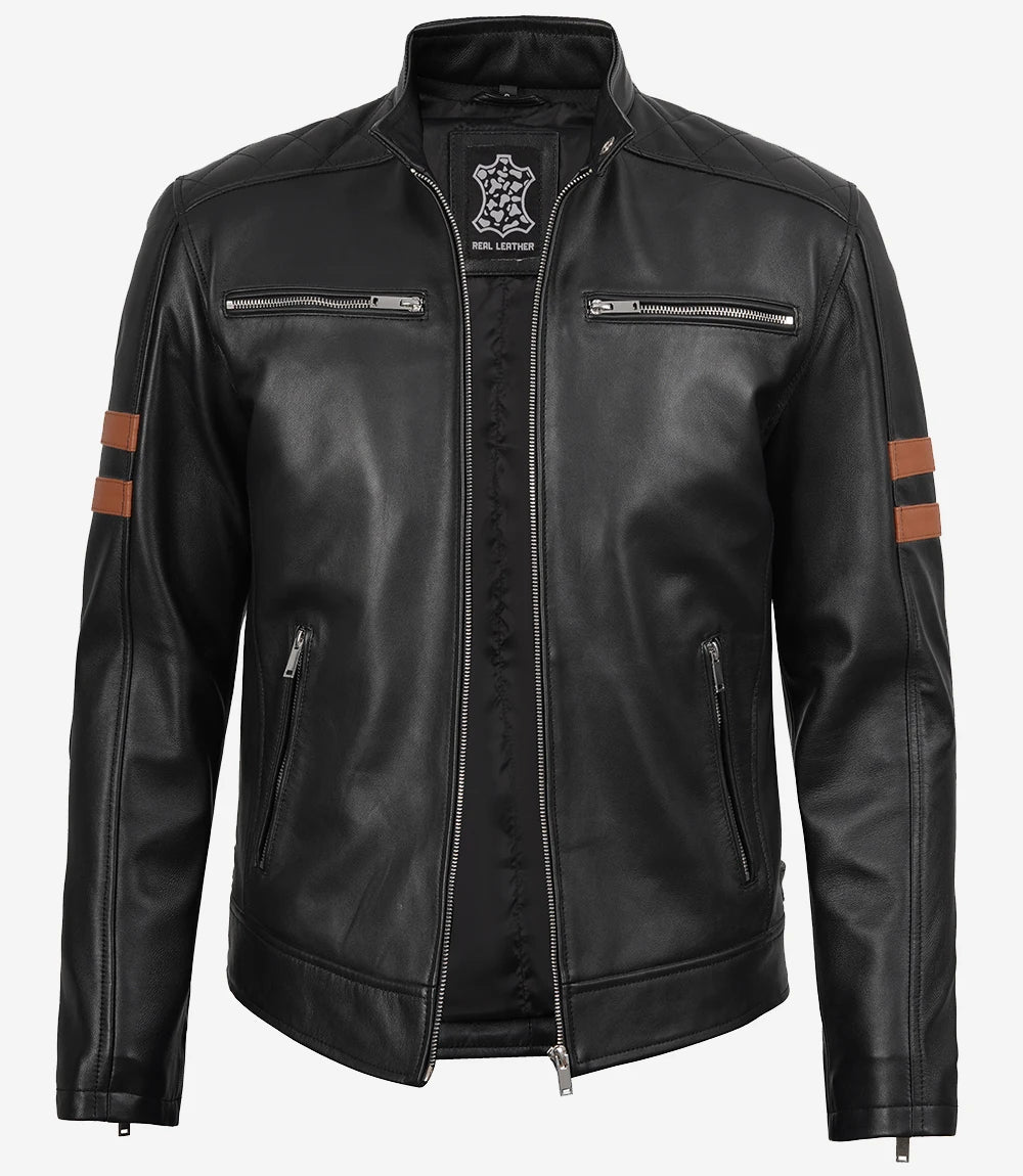 Black leather jacket with brown accents on a white background