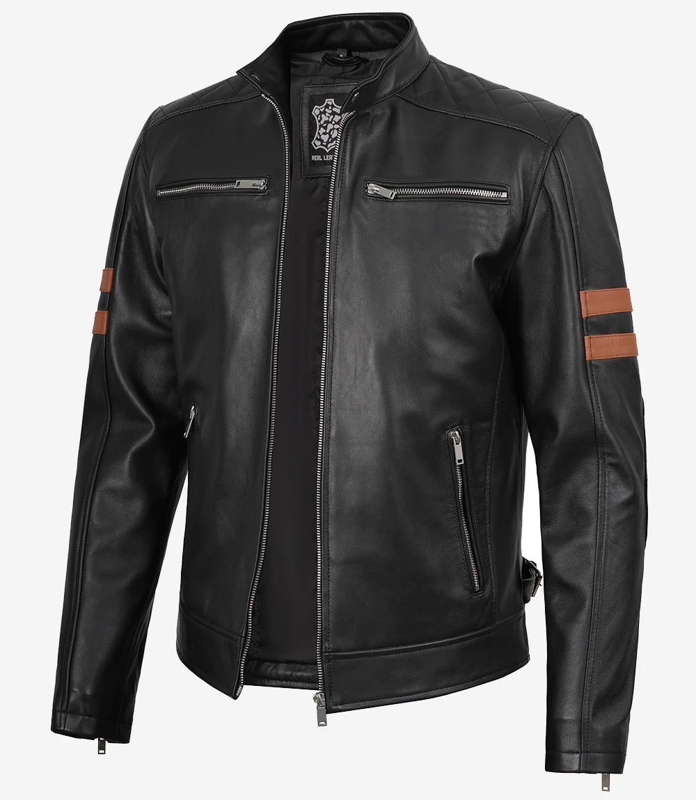 Black leather jacket with brown accents on a white background