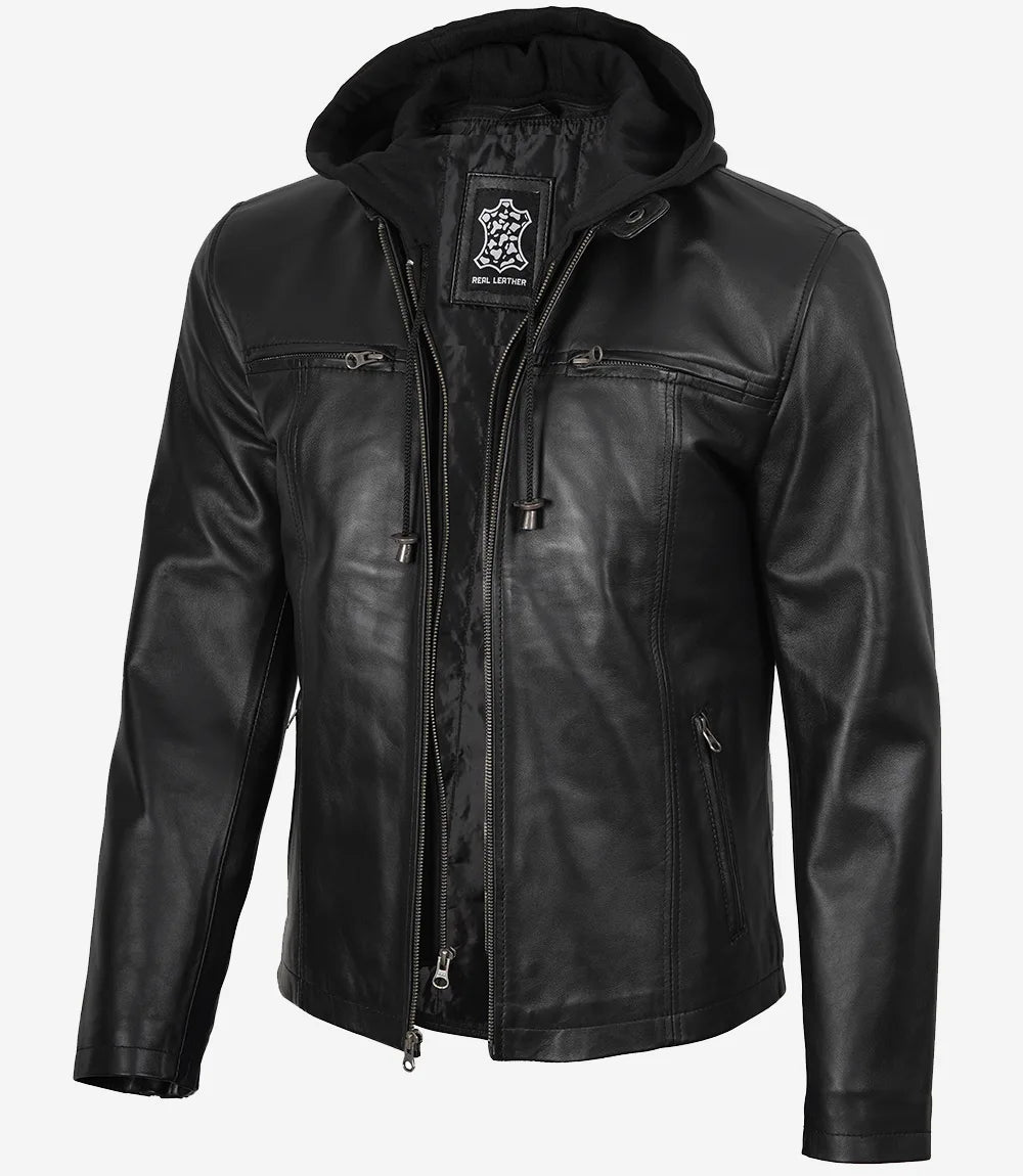 Jonathan Mens Black Cafe Racer Style Leather Jacket with Removable Hood - Front