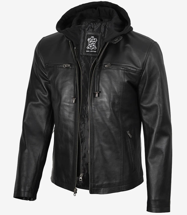 Schwarze Cafe Racer-Lederjacke für Herren von Jonathan mit abnehmbarer Kapuze 