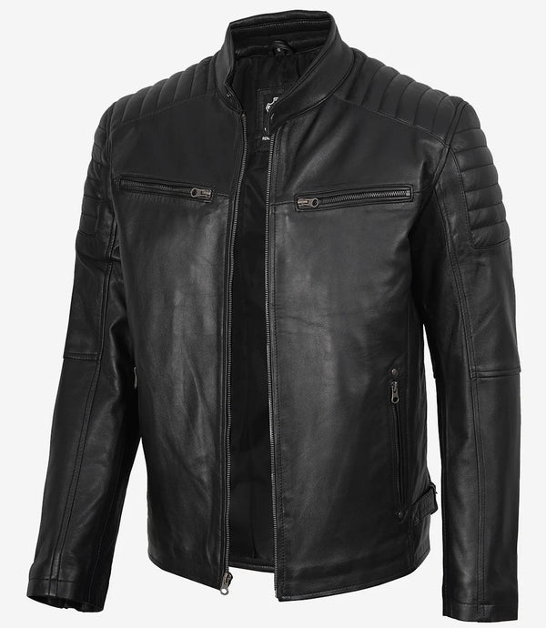Herren-Motorradjacke aus Echtleder im Cafe-Racer-Stil mit gepolsterten Schultern