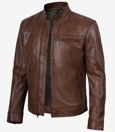Brown leather jacket on a white background