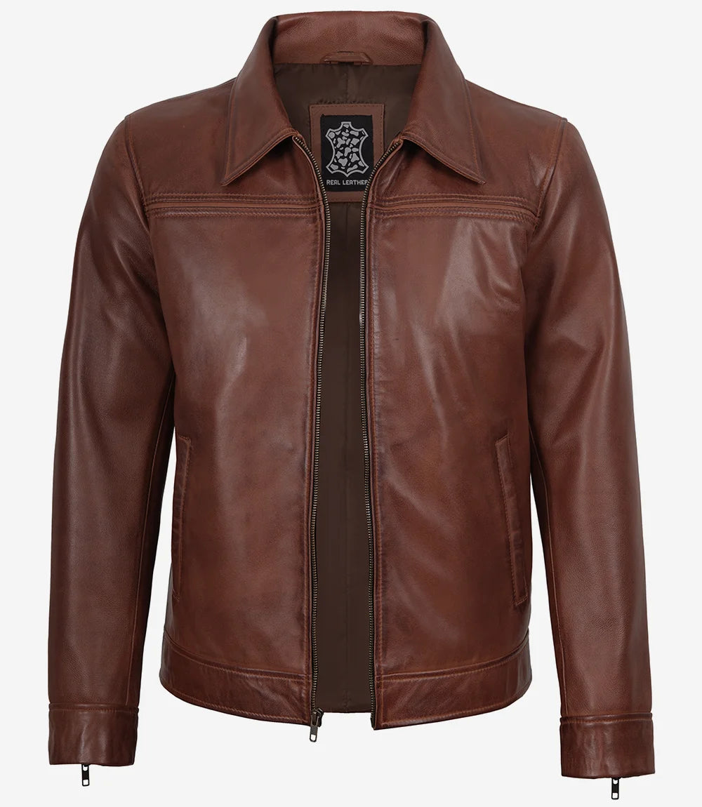Brown leather jacket on a white background