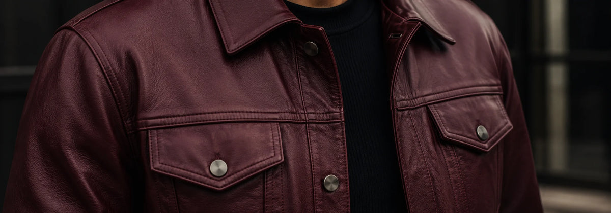 Burgunderrote Echtlederjacke vor dunklem Hintergrund