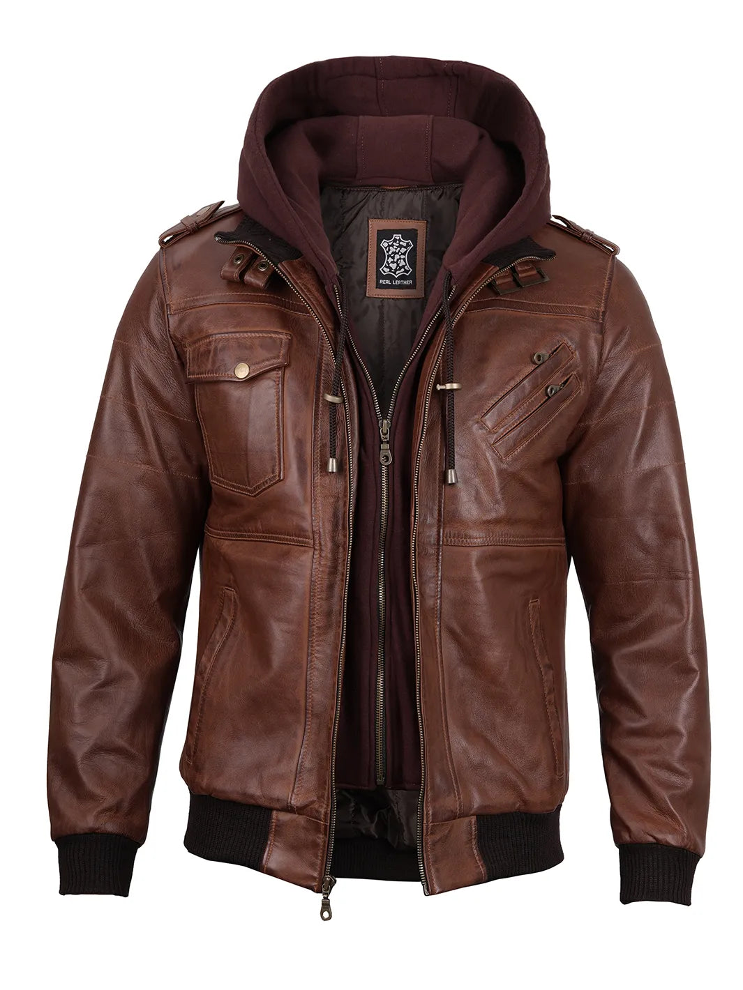 brown mens hooded leather jacket