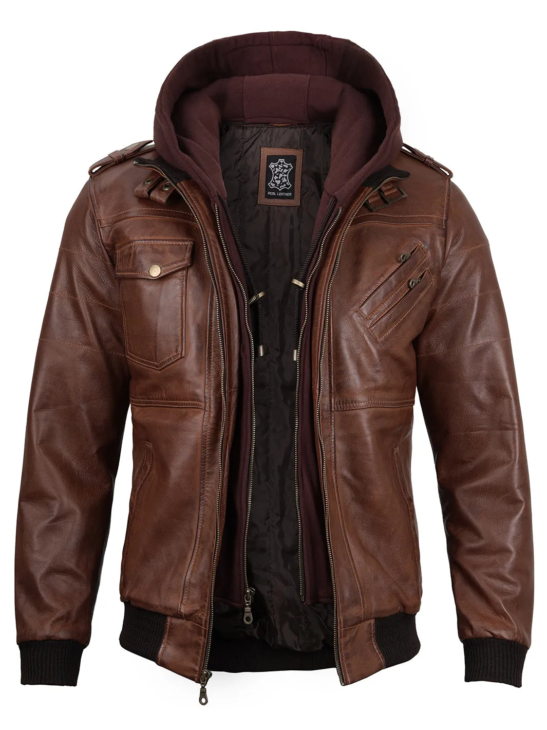 mens brown hooded leather jacket