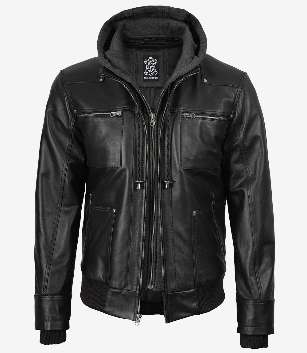 Black leather jacket with a brand logo on a white background
