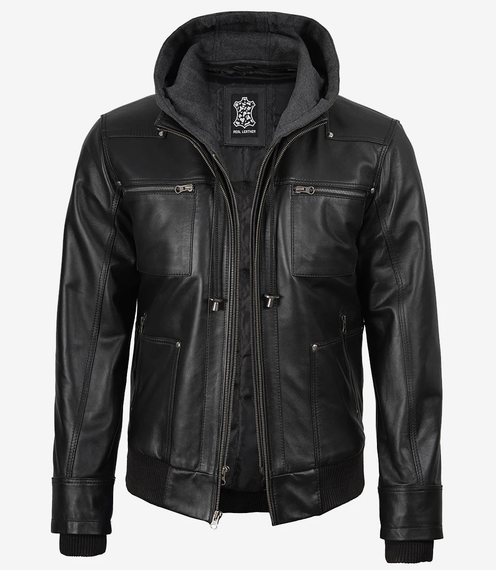 Black leather jacket with a brand logo on a white background