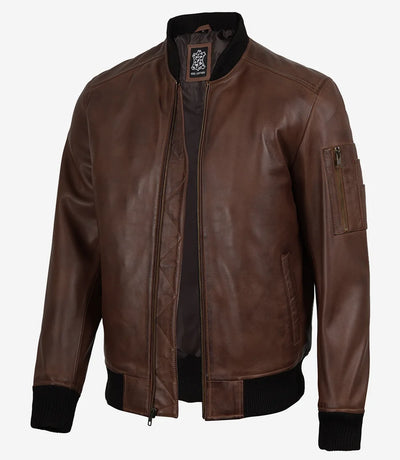 Herren Cognac Braun Lammfell Bomber-Lederjacke mit Wax-Finish