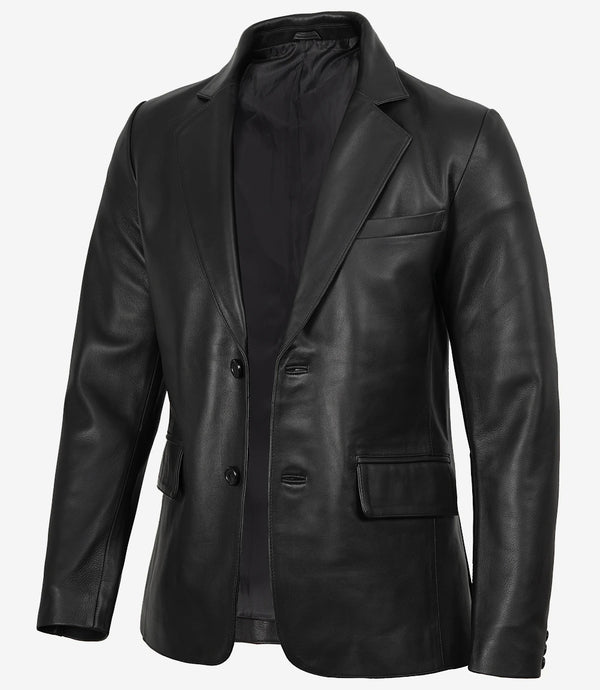 Schwarzer Lederblazer mit zwei Knöpfen und Revers für Herren