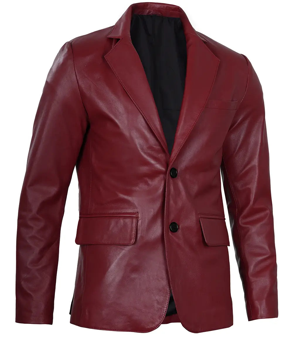 mens leather maroon blazer