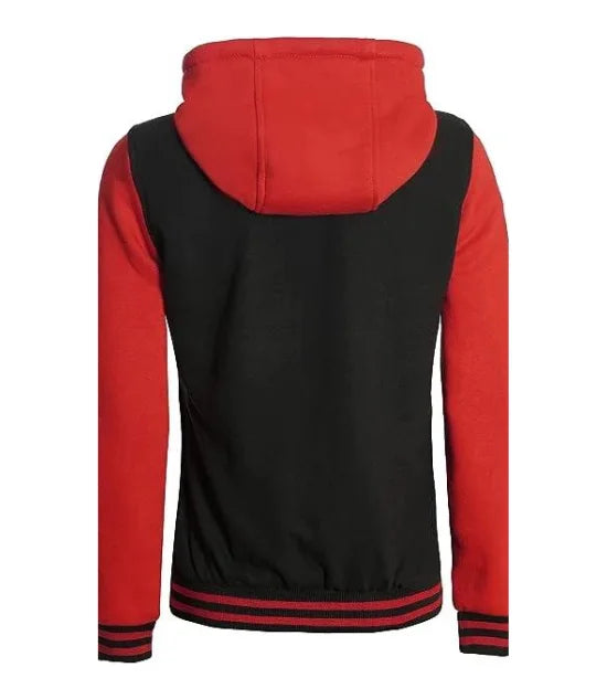 red and white hooded womens varsity jacket 