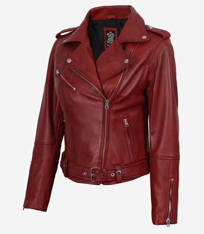 Rote asymmetrische Motorrad Lederjacke Damen